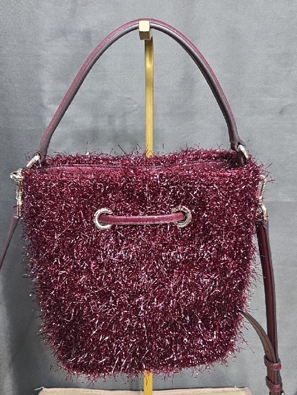 Like-new! kate spade Burgundy Metallic Tinsel Drawstring Bucket Bag - Picture 2 of 8